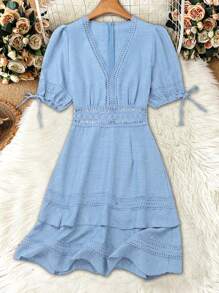 Breezaya Đầm ren trơn tay ngắn ngày lễ mùa hè cho nữ - Màu xanh nhạt - Xem 3