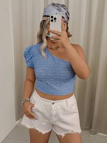SHEIN VCAY Plus Size Women Short Ruffle Sleeve One Shoulder Fitted Top, Summer Sloping Shoulder Top Ruffle Off The Shoulder Top - Multicolor - View 5
