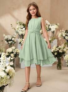 SHEIN 女孩优雅紫色无袖中长连衣裙，适合派对、节日、婚礼、生日、表演等场合 - 綠色 - 查看 7