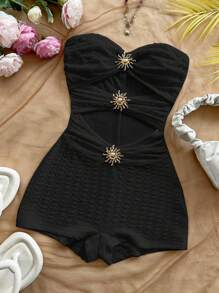 Soleia Combinaison slim blanche texturée en maille avec décoration métallique, convenant pour soirée, rendez-vous, thé de l'après-midi, festival de musique, croisière à la plage, tenue d'été