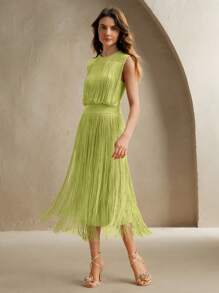 Anewsta 沙漠女神流苏波西米亚风格修身长裙，适合节日和音乐节 - 酪梨綠 - 查看 5