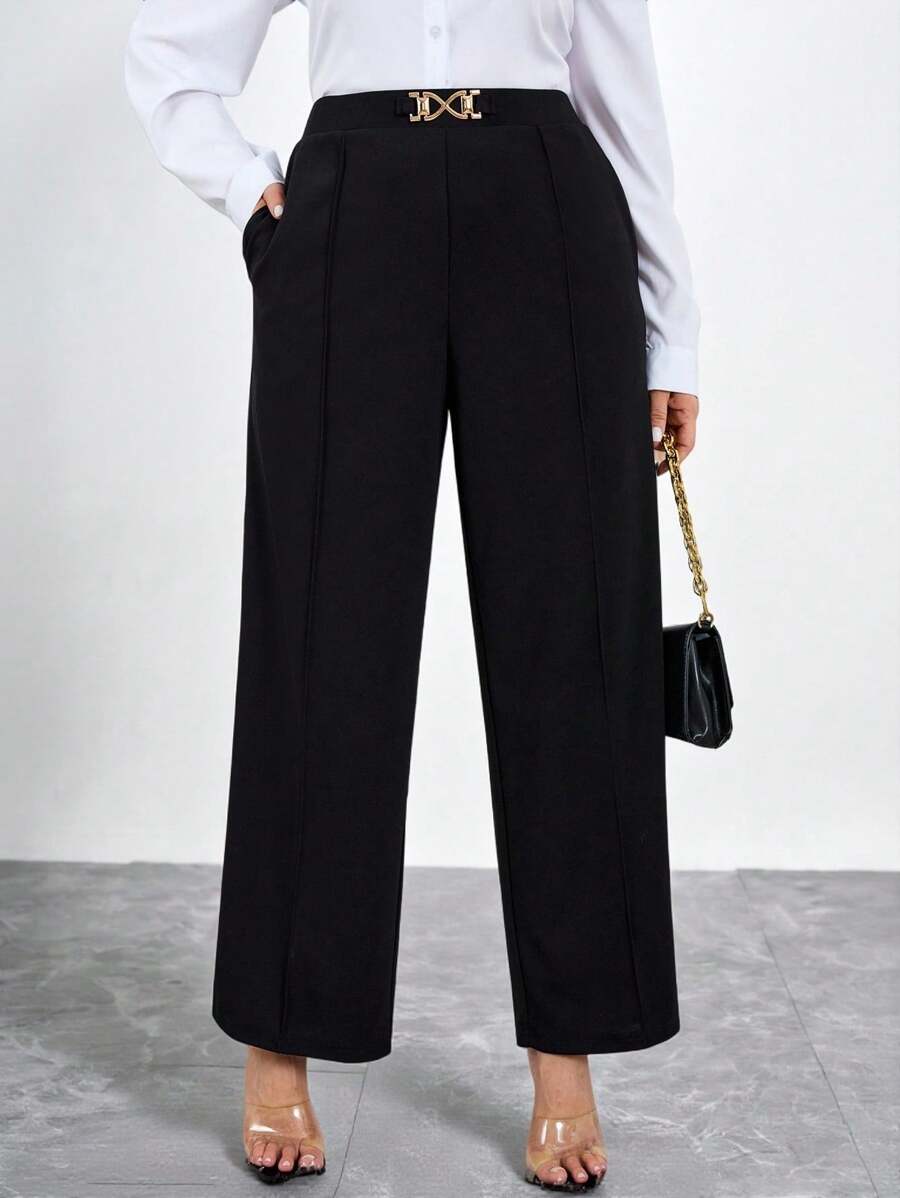 SHEIN Clasi Pantalones rectos con decoración en la cintura para oficina/transporte para mujer de talla grande, otoño