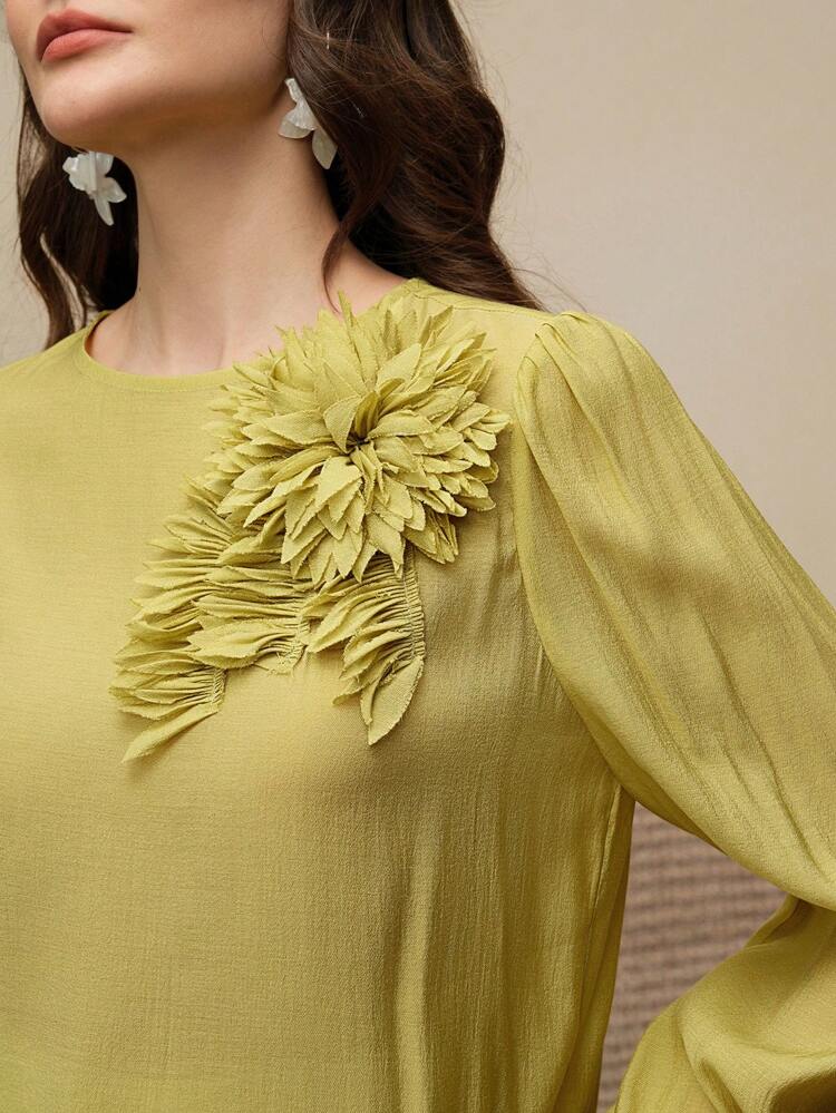 Women 3D Flower Decor Crew Neck Long Sleeve Top For Summer Matcha
