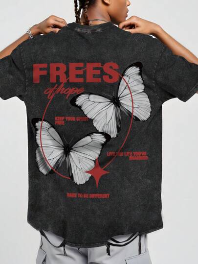 Street Life Street Black Distressed Butterfly Printed T-Shirt, Faded Texture, Minimalist Yet Impactful Design