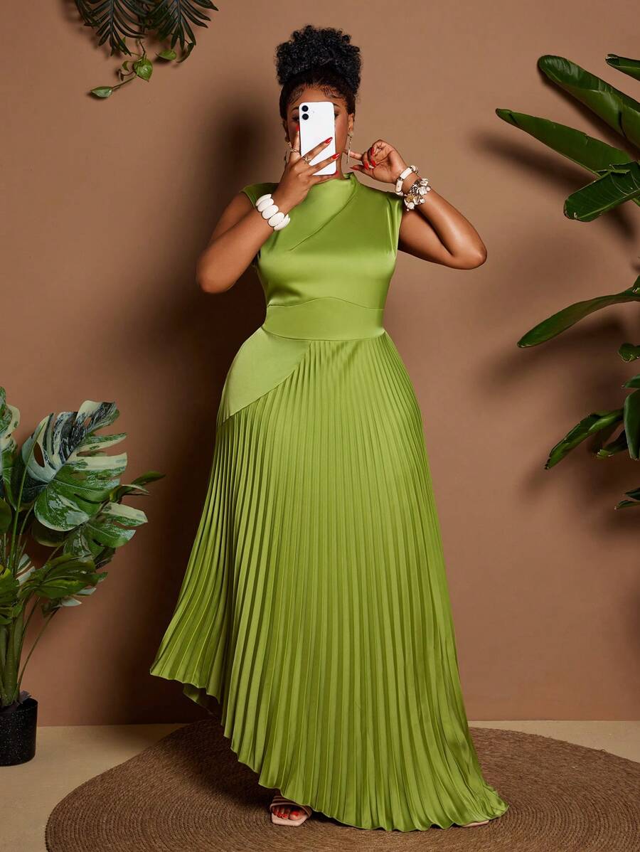 Maweii Đầm dự tiệc sang trọng xếp ly satin không tay cỡ lớn - màu xanh lá - Xem 1