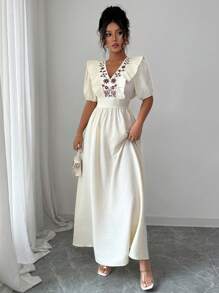 Chiquease Vestido Elegante Bordado com Flores Feminino - Damasco - Visão 5