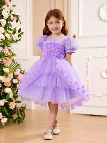 Vestido de niña con mangas abullonadas, cola de tul y flores 3D en color púrpura, vestido esponjoso de volantes de malla para primavera/verano, vestido de princesa para cumpleaños, boda, fiesta, recital, niña de las flores