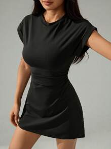 SHEIN PETITE Women's Summer Casual Solid Color Cinched Waist Short Sleeve Dress - Dark Grey - View 7