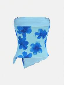 SHEIN Girlism Blusa estilo bandeau com babados e bainha de malha floral para adolescentes