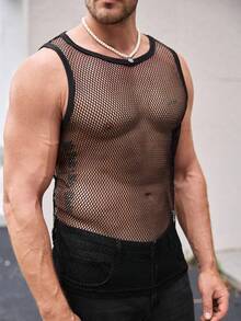 EASEVO 男士圆领纯色透明网眼夏季无袖休闲背心 - 黑色 - 查看 7