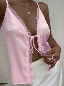 SHEIN Unity Women's Solid Color Contrast Lace Camisole With Front Tie - Pink - View 4