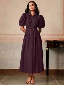 Anewsta فستان أنيق بتصميم رقعي بنقشة الزهور مع كشكشة في الأسفل وخصر مخصر، باللون البنفسجي، مناسب للعطلات والحفلات والمناسبات، للربيع والصيف - الأرجواني - مشاهدة 7