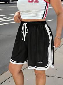 Muchica Black Sheer Plus Size Women's Shorts, Fashionable For Summer - Black and White - View 5