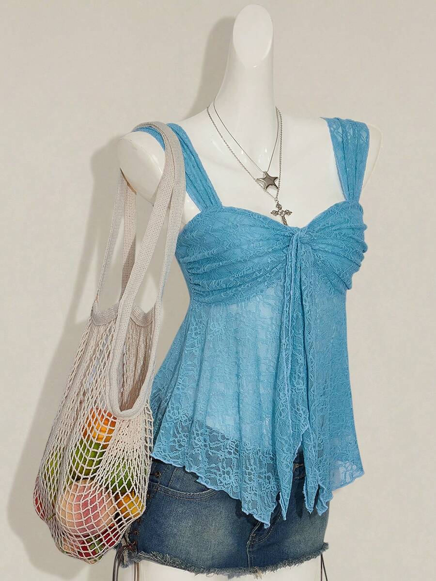 SHEIN ICON 2025 新款夏季可爱度假派对返校不对称纯色蕾丝下摆吊带背心女 - 藍色 - 查看 1