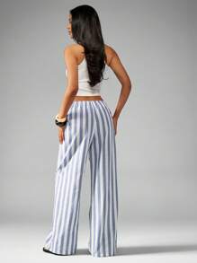 MISSGUIDED Striped Wide Leg Palazzo Pants Drawstring Waist Loungewear Linen Feel Summer Beach Vacation Resort Wear - Blue - View 2