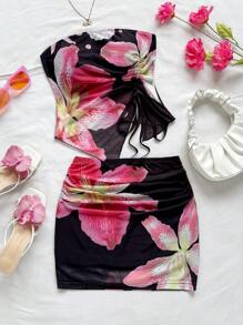 Soleia 针织网眼浪漫黄色底粉色花卉露肩抽绳上衣和修身开衩下摆短裙 2 件套，女士浪漫休闲假日装，适合派对、海滩、夏季