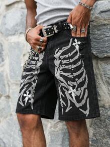 PAVTROS Manfinity Streetrush Men's Skeleton Print Pocketed Distressed Bermuda Denim Shorts Graphic Shorts For Men - Black - View 5