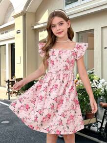 SHEIN Serisse Kids 少女编织小碎花方领荷叶边腰后蝴蝶结装饰休闲甜美派对连衣裙，适合派对、返校、女性时尚、法式优雅、公主风格、婚礼季、生日聚会、小碎花、玫瑰、情人节少女、花童连衣裙 - 粉色 - 查看 6