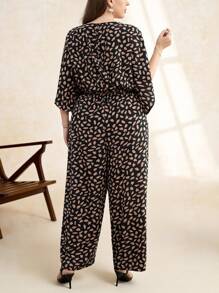 SHEIN Clasi Plus Size Women's Loose-Fit Waist-Cinching Leopard Print Half-Sleeve Wide Leg Jumpsuit, Summer,Fall,For Teachers