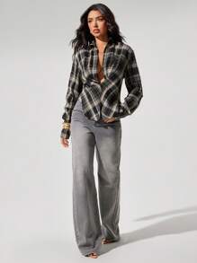 Denimoi 女式秋季格子荷叶边长袖休闲侧开衩衬衫 - 淺灰色 - 查看 4