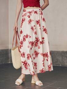 SHEIN Unity Rok A-Line Pinggang Tinggi Motif Bunga Gaya Liburan Kasual Wanita, Pakaian Musim Gugur untuk Wanita - Aprikot - View 3