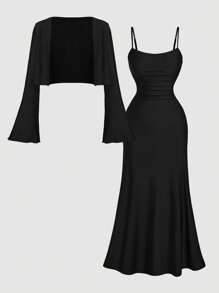 SHEIN MOD 女式加大码黑色两件套开衫和中长连衣裙套装 - 黑色 - 查看 1