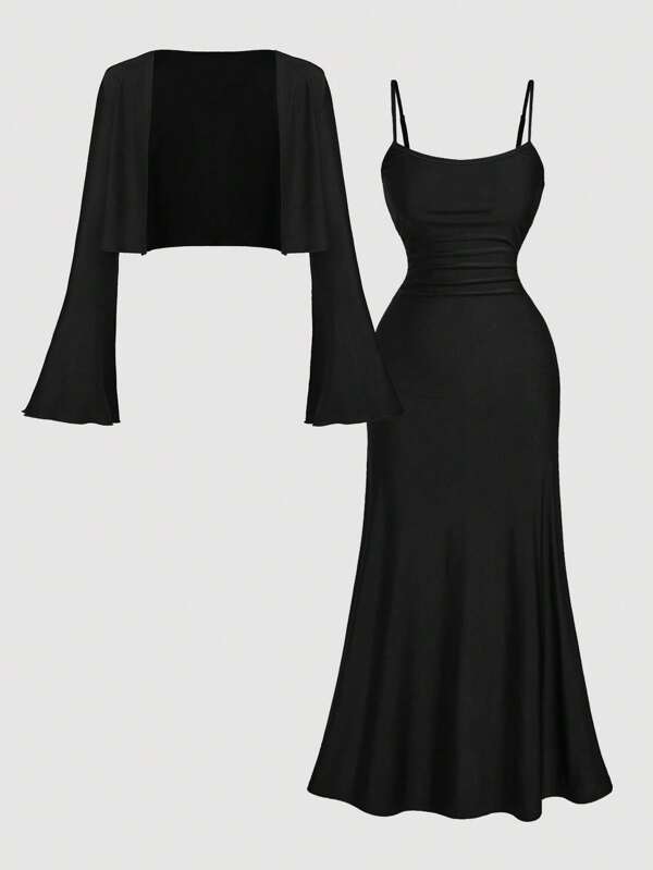SHEIN MOD Plus Size Black 2 Pieces Cardigan And Midi Dress Set For WomenSummer Outfits For Women