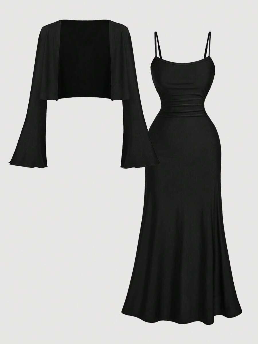 SHEIN MOD 女式加大码黑色两件套开衫和中长连衣裙套装 - 黑色 - 查看 1