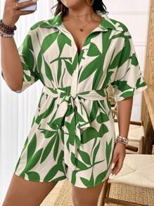 SHEIN LUNE Große Größen Jumpsuit für Damen, lässig, gewebt, mit Bindetaille, Muster, locker geschnitten, Mehrfarbig, Sommer - Verschiedenfarbig - View 1