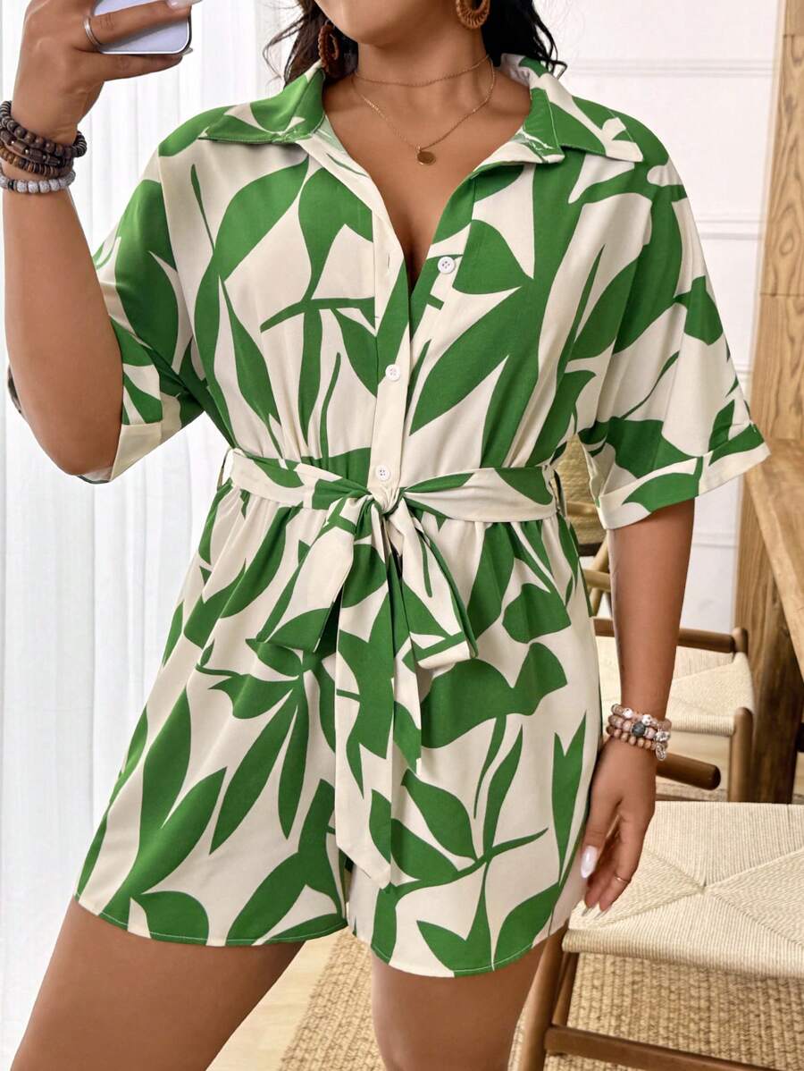 SHEIN LUNE Große Größen Jumpsuit für Damen, lässig, gewebt, mit Bindetaille, Muster, locker geschnitten, Mehrfarbig, Sommer - Verschiedenfarbig - View 1