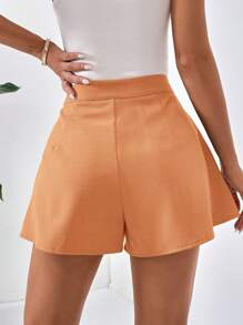 SHEIN Essnce Solid Color Pleated Pocket Shorts, Elegant & Fashionable For Summer,High Waisted Shorts - Orange - View 2