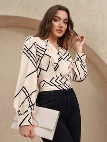 EMERY ROSE V-Neck Long Sleeve Pleated All-Over Print Casual Blouse (Random Floral),Long Sleeve Tops - Apricot - View 1