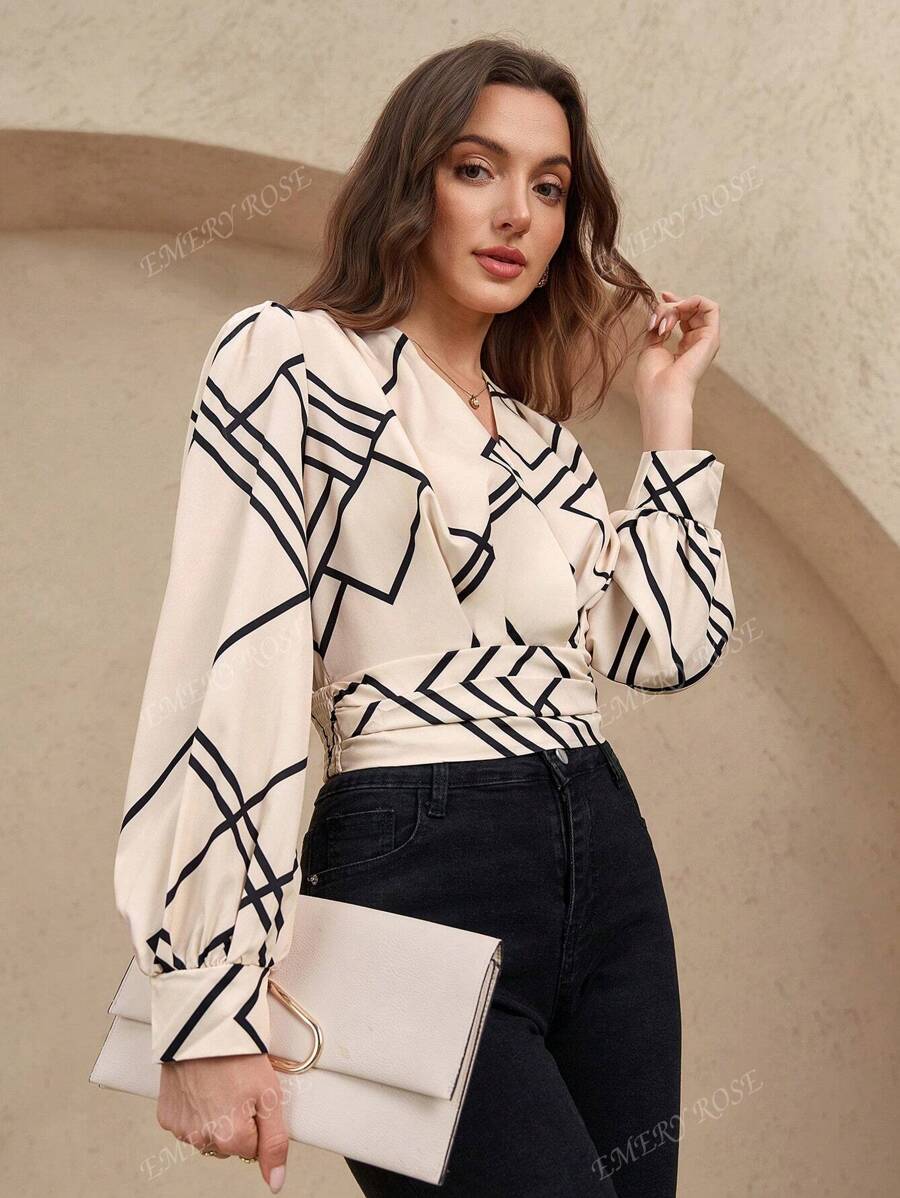 EMERY ROSE Camicetta casual con scollo a V, maniche lunghe, plissettatura integrale e stampa floreale casuale, maglie a maniche lunghe