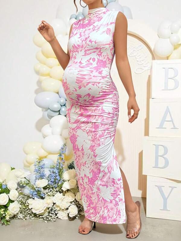 Loomaby Floral Print Ruched Maternity Shift Dress With Stand Collar