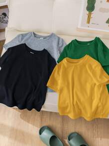 SHEIN 4 stuks/set voor jonge jongens, casual, veelzijdige zachte katoenen effen T-shirts met ronde hals en korte mouwen, multipack