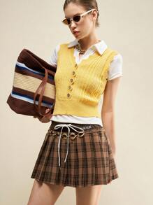 SHEIN Unity Women's Plaid Tie-Waist Pleated Mini Skirt, Summer Garment - Brown - View 6