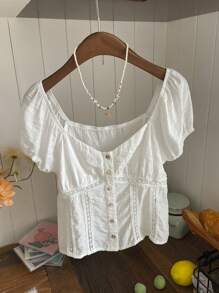 Comfortcana 短袖白色V领花卉撞色饰边衬衫，夏季