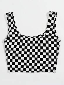 SHEIN EZwear Tank top corto de cuadros - Blanco y Negro - Ver 2
