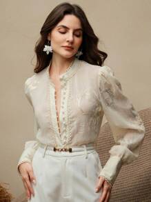 Anewsta New Puff Sleeve Shirt With Floral Lace Trim, Comfortable Versatile Casual Blouse, Spring/Summer - Apricot - View 7