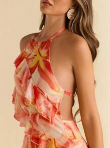 SHEIN BAE 女士夏季海边沙滩度假多层荷叶边节日花卉大花朵图案优雅节日连衣裙