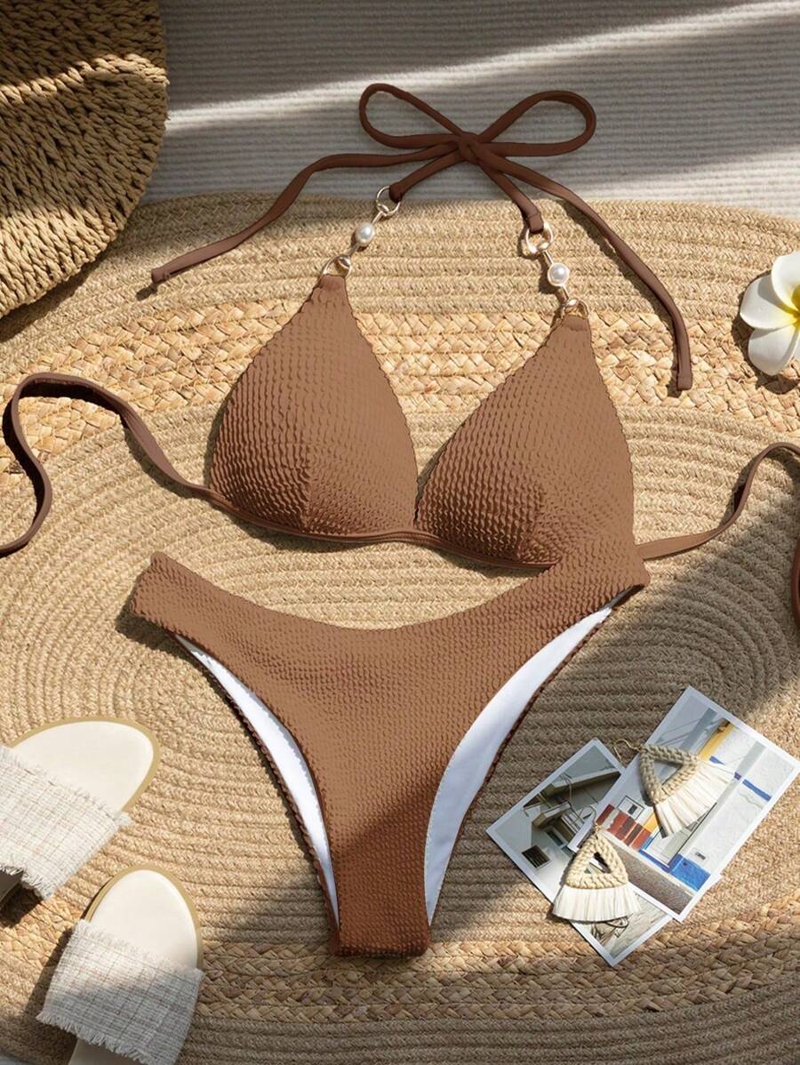 Swim Basics Conjunto de bikini en color liso y con textura para vacaciones en la playa