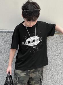 DAZY Camiseta de manga corta de cuello redondo con estampado de letras informal para niños preadolescentes, ropa de verano y de vuelta al colegio