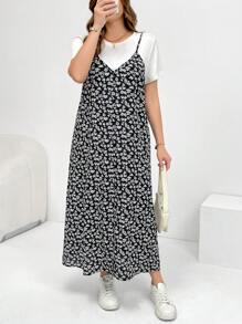 SHEIN Essnce 大码女式夏季两件套、连衣裙套装、短袖两件套、碎花连衣裙套装、狂欢装扮节日飘逸连衣裙度假两件套、2 件夏季服装 - 白色 - 查看 6