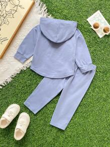 SHEIN Playful Pals 0-3 岁女婴四季服装套装：拱形下摆长袖卫衣 + 打底裤，3D“爸爸的女孩”标语，雾霾蓝色，棉质材质秋冬服装套装