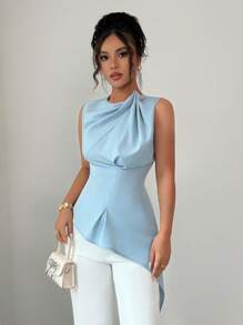 Elenzga 女士优雅褶皱设计无袖上衣，夏季百搭衬衫