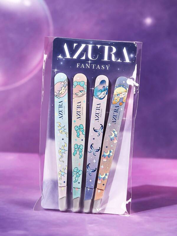 Pop Mart Azura X SHEIN 4pcs Cartoon Pattern Tweezers Set, High Precision Stainless Steel Eyebrow Tweezers For Facial Hair, Ingrown Hair And Splinter Remover Kit For Women And Men,Tears