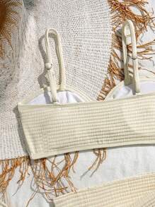 SHEIN Bộ bikini ren trang trí bãi biển cho bé gái tuổi teen kèm áo choàng và chân váy ngắn - Màu be - Xem 5