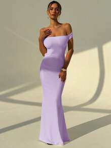 Aloruh White Wedding Season Backless Ruched Sexy Off Shoulder Bodycon Dress For Women - Purple - View 6