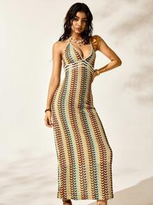 Easelle Women's Spring And Summer Seaside Leisure Vacation Bohemian Beach Woven Halter Neck Sexy Slim V-Neck Long Dress - Multicolor - View 13