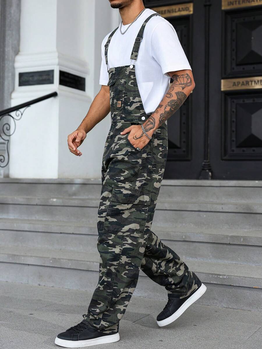 Manfinity Homme Men's Camo Pattern Cargo Pocket Casual Bib & Brace Overalls - Multicolor - View 1